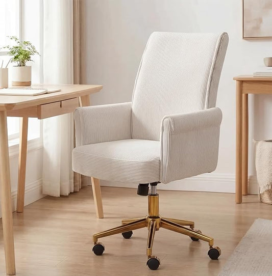 Stripes Velvet Home Office Desk Chair, Accent Upholstered Modern Height Adjustable Swivel Chair with Wheels,Ergonomic Task Chair for Living Room,Bedroom,Vanity,Study,Office（Cream）
