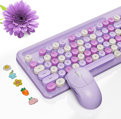 Wireless Keyboard and Mouse Combo, Retro Round Keycaps, Full-Size Stylish Typewriter Keyboard with Large Phone/Tablet Holder, 3-Level DPI Ergonomic Mouse, 2.4GHz Cordless for Windows PC, Lavender Mist