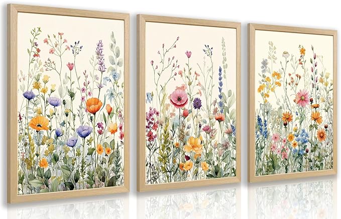 LLEEMPI Watercolor Floral Wall Art Set of 3, Colorful Wildflower Wall Decor, Modern Abstract Botanical Canvas Painting, Rustic Farmhouse Poster Print for Bedroom Bathroom Office Wood Framed 12x16 Inch