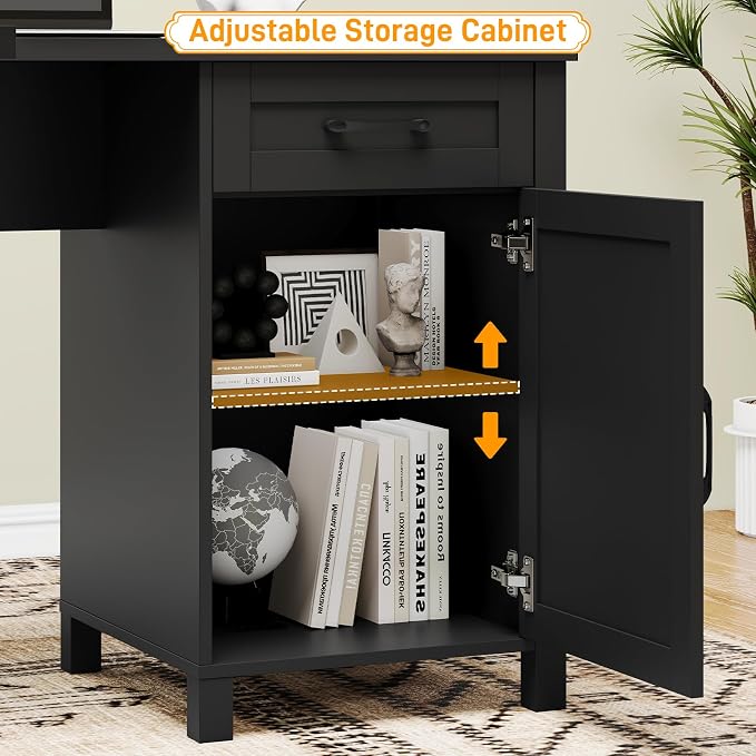 Vabches 59” L Shaped Executive Desk with Power Outlets, Farmhouse Home Office Desk with File Drawer,Storage Cabinet, Wood Corner Sturdy Writing Workstation.Black