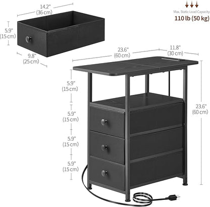 DALEMHOME Narrow End Table with Charging Station, Narrow Side Table with 3 Fabric Drawers, Slim Nightstand with LED Light, Small Bedside Table with Storage, Living Room, Bedroom, Black HKET1303BK