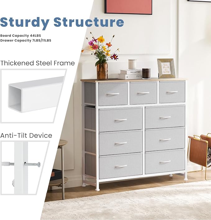 DUMOS 9 Drawer Dresser for Bedroom, Fabric Storage Organizer with Sturdy Metal Frame, Wooden Top Chest of Drawers for Closet Entryway Guest Room,Light Grey