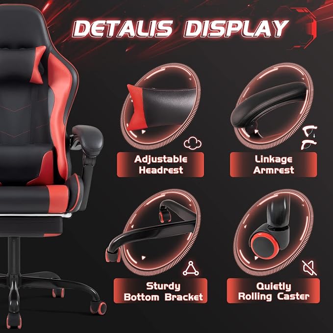 Shahoo Gaming Chair with Footrest and Massage Lumbar Support, Ergonomic Computer Chairs 360°Swivel and Height Adjustable Seat with Headrest for Office or Bedroom, Study Room, Red
