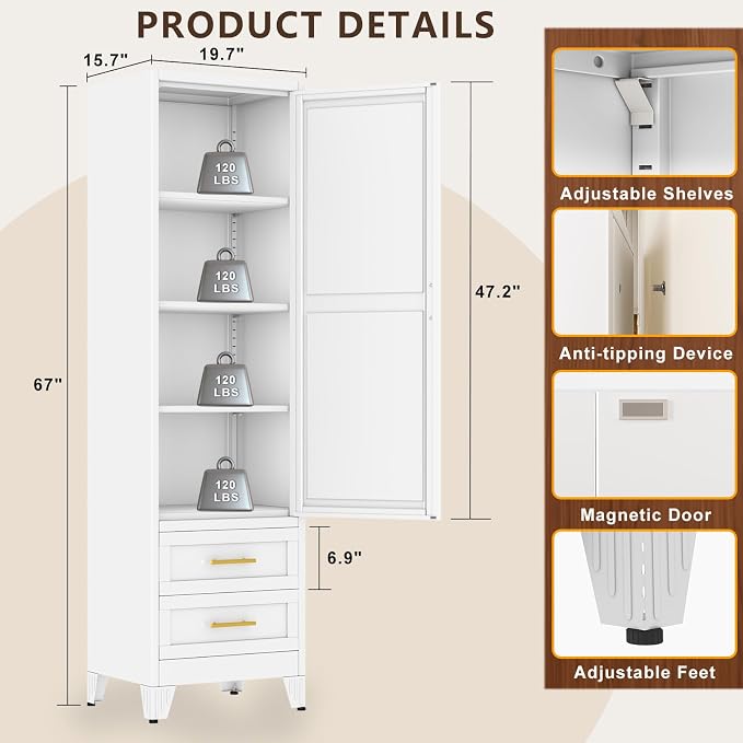 67" Tall Narrow Metal Storage Cabinet, Freestanding Pantry Organizer, White | Slim Bathroom Cabinets with 2 Drawers & 3 Adjustable Shelves, Multi-Use Cupboard for Kitchen Office Living＆ Dining Room