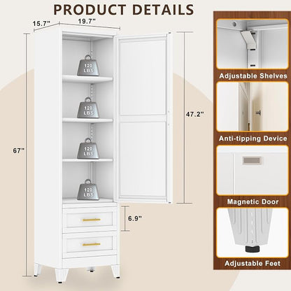 67" Tall Narrow Metal Storage Cabinet, Freestanding Pantry Organizer, White | Slim Bathroom Cabinets with 2 Drawers & 3 Adjustable Shelves, Multi-Use Cupboard for Kitchen Office Living＆ Dining Room