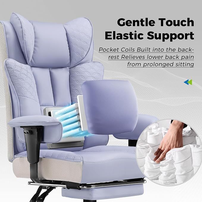 GTPLAYER Big and Tall Office Chair, Wide Ergonomic Gaming Chair with Deluxe Embossing Designed Leather with Foot Rest,150°Reclining Adjustable Soft Armrests Pocket Spring Back Support and Pillow