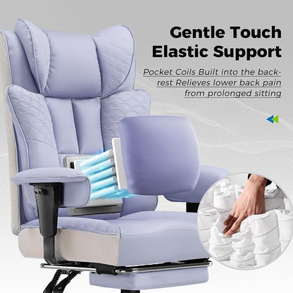 GTPLAYER Big and Tall Office Chair, Wide Ergonomic Gaming Chair with Deluxe Embossing Designed Leather with Foot Rest,150°Reclining Adjustable Soft Armrests Pocket Spring Back Support and Pillow