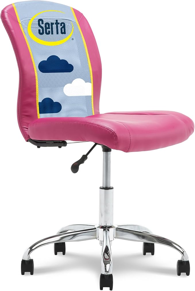Serta Essential Armless TaskChair, Small Desk Chairs with Wheels, Breathable Mesh Back and Faux Leather, Quality Foam Cushion Seat for Comfort, Minimal Design for Vanity Table, Pink