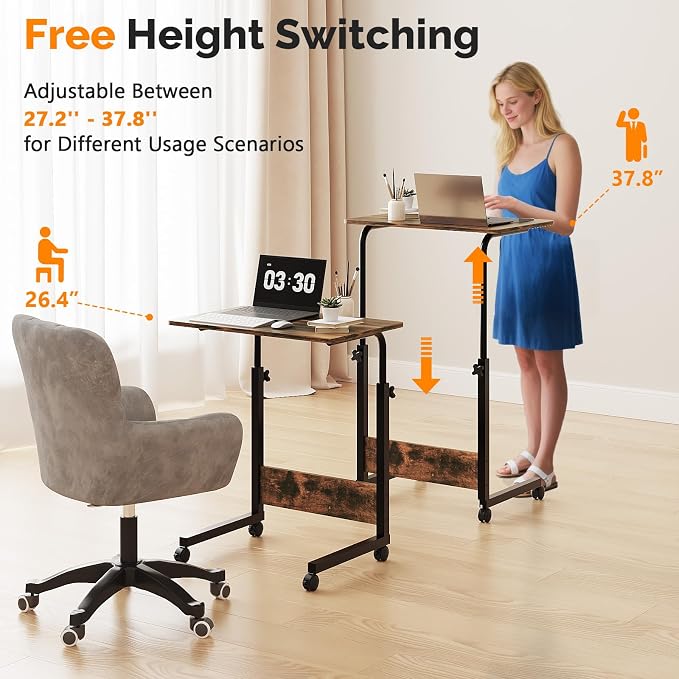 VINGLI Portable Computer Workstation, Standing Desk Adjustable Height, Small Computer Desk w/Rolling, Sit Stand Laptop Desk TV Tray for Bed Sofa Hospital Reading Eating, Brown, 23.6"