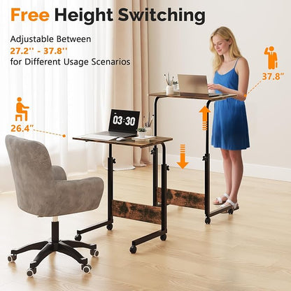 VINGLI Portable Computer Workstation, Standing Desk Adjustable Height, Small Computer Desk w/Rolling, Sit Stand Laptop Desk TV Tray for Bed Sofa Hospital Reading Eating, Brown, 23.6"