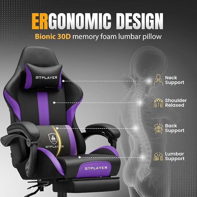 GTPLAYER Gaming Chair with Pocket Spring Cushion, Leather Office Chair with Ergonomic High Back & Lumbar Support for Back Pain Relief, Computer Game Chair for Adults, Purple/Black