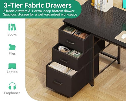 AODK 51 Inch Computer Desk with Drawers & USB Power Outlets, Reversible Home Office Desk with Storage Shelves, Work from Home, Modern Work/Writing/Study Table for Bedroom, Black