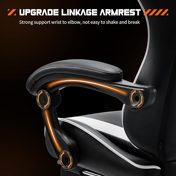 NEWBULIG Computer Gaming Desk Chair - High Back Ergonomic Lumbar Support with Footrest and Headrest, Comfy PU Leather Recliner with Linkage Armrest, Height Adjustable and 360° Swivel, White