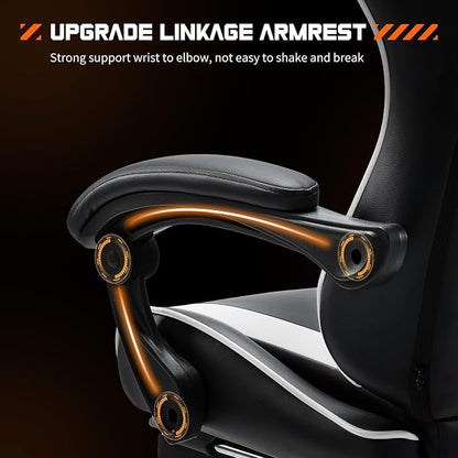 Sweetcrispy Computer Gaming Chair: Ergonomic High Back PU Leather Video Racing Chair with Adjustable Headrest & Footrest, Linkage Armrest, for Office and Home, White