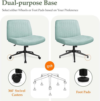 Orange Factory Criss Cross Chair Wheels Wide Cross Legged Office Desk Vanity Dual Base Comfy Fabric Armless Adjustable Swivel for Home Computer Task (Mint Dual Base, Fabric)