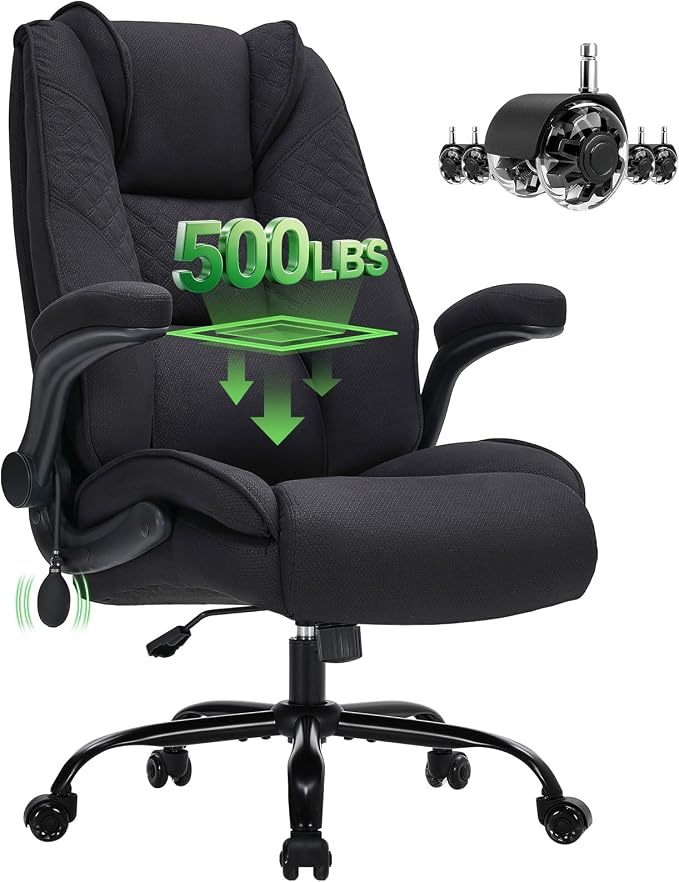 CIOMAN 500lbs Big and Tall Office Chair with Inflatable Lumbar Support for Back Pain, Executive Office Chair with Flip Up Arms and Rocking Function, Wide Cushion Computer Chair for All-Day Sitting