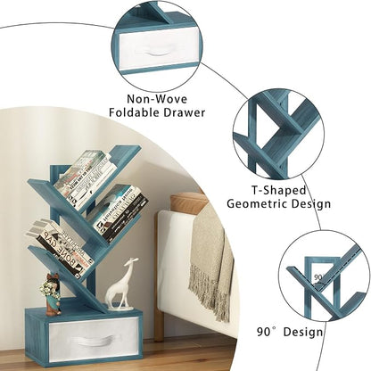 SHEEPAM Small Book Shelf with Drawer,4 Tier Black Tree Bookshelf,Blue Desktop Bookcase,Modern Desk Display Storage Bookshelves,Floor Standing Organizer Bookcases for Living Room,Bedroom,Office