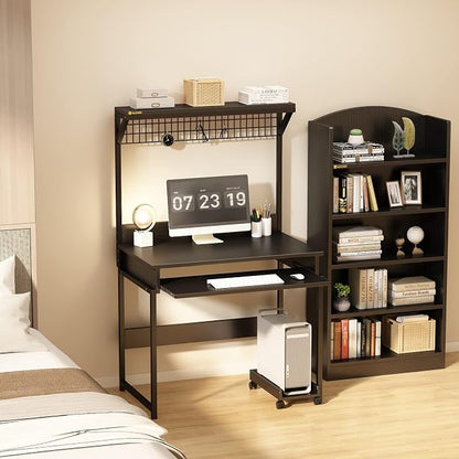 Computer Desk with Hutch and Storage Shelves，31.5 Inch Desk with Keyboard Tray and Metal Mesh Panel, Small Study Writing Workstation Bookshelf for Home Office, Brown