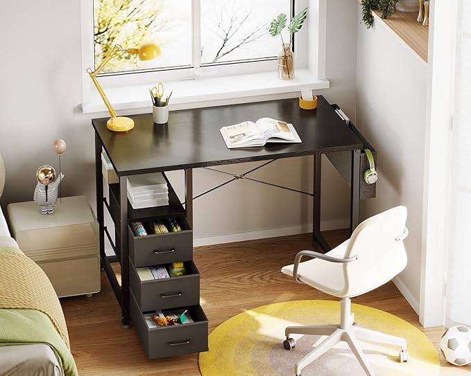 AODK 32 Inch Small Computer Desk with Fabric Drawers, Kids Study Desk for Bedroom, Home Office Desk with Storage Shelf & Bag for Small Space, Black