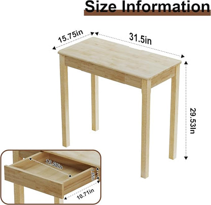 Solid Wood Desk with Drawers - 32 x 16 Inch Simple Narrow Desks, Rubber Wood Study Table, Small Writing Desk for Bedroom|Small Spaces - Natural Boho Desks