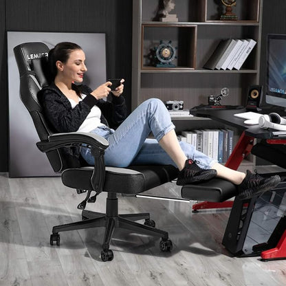 LEMBERI Gaming Chair with Footrest, Ergonomic Video Game Chair for Adults, Big and Tall Chair 400lb Weight Capacity, Racing Style Computer Gamer Chair with Headrest and Lumbar Support, PU Leather
