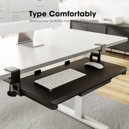 Fenge Keyboard Tray Under Desk, Pull Out Keyboard & Mouse Tray with C Clamp Mount, Sliding Keyboard Holder for Desk, 25.6 x 11.8 inch Large Slide-Out Platform Computer Drawer for Typing