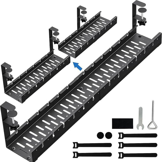 No Drilling Extendable Under Desk Cable Management, Metal Cable Management Tray Under Desk with Clamp, Retractable Power Strip Cord Holder for Wire Management 31Inch (2 Pack Extendable 31')