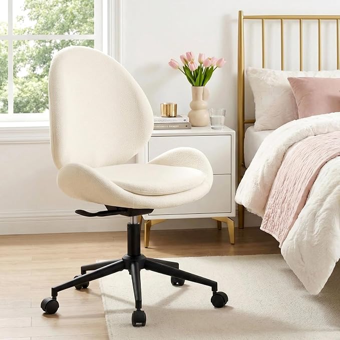 Furniliving Chenille Armless Desk Chair with Wheels, Upholstered Home Office Chair with Double-Layer Cushion, Adjustable Swivel Computer Vanity Chair with Rocking Back, White