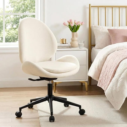 Furniliving Chenille Armless Desk Chair with Wheels, Upholstered Home Office Chair with Double-Layer Cushion, Adjustable Swivel Computer Vanity Chair with Rocking Back, White