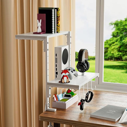 2-Tier Clamp On Desk Shelf, Clamp on Desk Shelf, 13 inch Adjustable Above or Under Wood Desk Storage Shelves, Heavy Duty Desktop Organizer for Working and Gaming Accessories, White