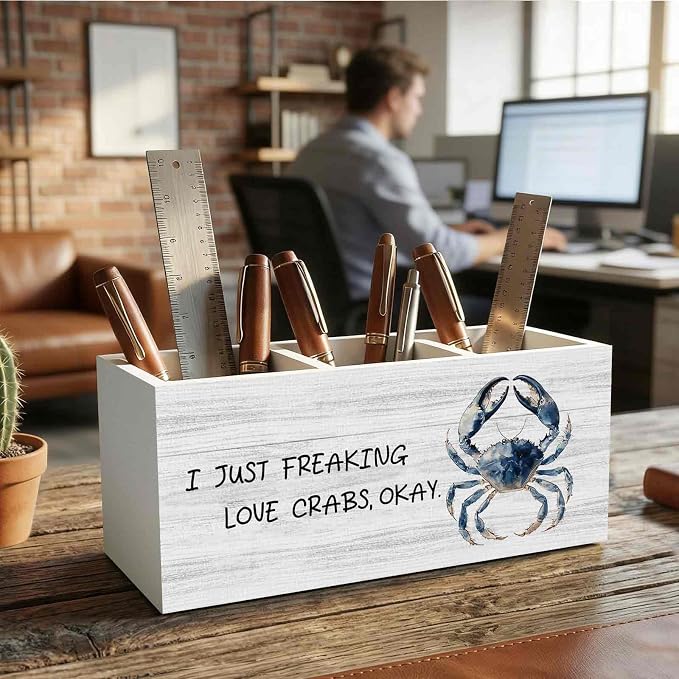 Coastal Beach Crab Pencil Pen Holder for Desk Organizer, Crab Gifts, I Just Freaking Love Crabs Okay Wooden Box Decorations for Home Office Bedroom Desk Tabletop Decor