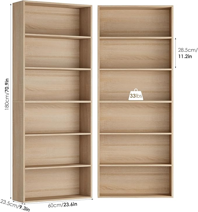 FOTOSOK 6-Tier Open Bookcase and Bookshelf, Freestanding Display Storage Shelves Tall Bookcase for Bedroom, Living Room and Office,Light Oak Set of 2