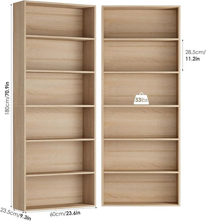 FOTOSOK 6-Tier Open Bookcase and Bookshelf, Freestanding Display Storage Shelves Tall Bookcase for Bedroom, Living Room and Office,Light Oak Set of 2
