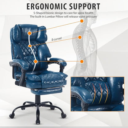 Big Tall Reclining Office Chair with Footrest, 400lbs Ergonomic Recliner Office Desk Chairs with Lumbar Support, Heavy Duty High Back Vintage Leather Executive Computer Chair with Wheels, Blue