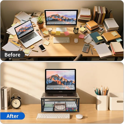 Small Laptop Stand for Desk, Monitor Stand Riser, Desk Organizer for Office Organization, Office Desk Accessories, Computer Desktop Stand with Drawer for Home, Office, School (Black)