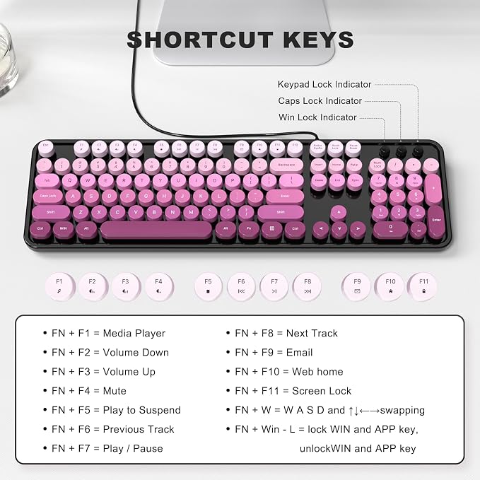 MOWUX Computer Keyboard Wired, Plug and Play USB Retro Round Typewriter Keyboard, Full Size Wired Keyboard with Foldable Stands for Laptop and Office PC- Black Pink Gradient