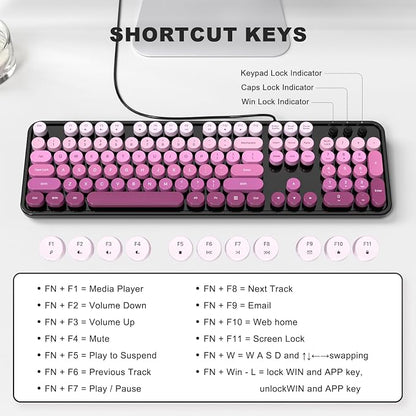 MOWUX Computer Keyboard Wired, Plug and Play USB Retro Round Typewriter Keyboard, Full Size Wired Keyboard with Foldable Stands for Laptop and Office PC- Black Pink Gradient