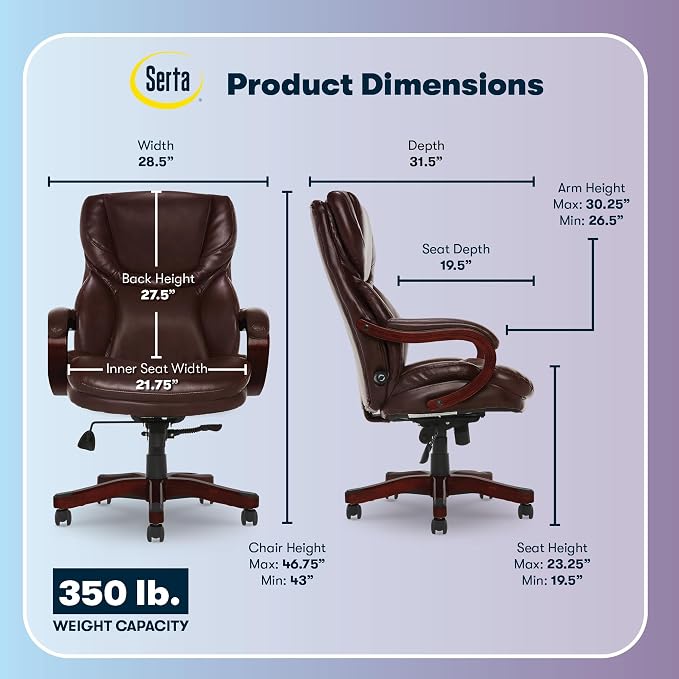 Serta Conway Big and Tall Executive Office Chair - Ergonomic Lumbar Support, Bonded Leather, Padded Armrests, High Back Computer Desk Chair, Chestnut Brown