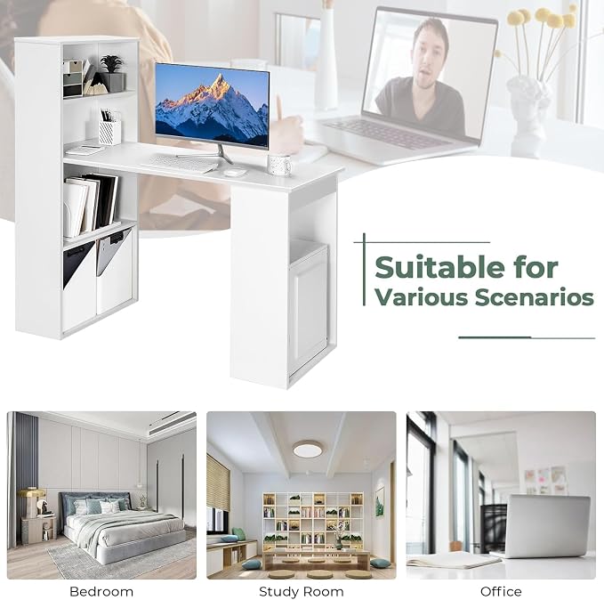 LDAILY Computer Desk with Bookshelf, 48” Modern Office Desk w/ 6-Tier Storage Shelves, CPU Stand, Wider Base, 3-in-1 Reversible Study Table, Writing Desk for Home Office, Bedroom, Study Room (White)