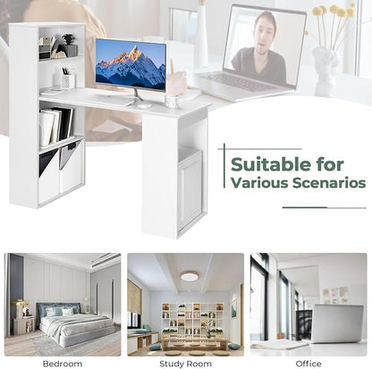 LDAILY Computer Desk with Bookshelf, 48” Modern Office Desk w/ 6-Tier Storage Shelves, CPU Stand, Wider Base, 3-in-1 Reversible Study Table, Writing Desk for Home Office, Bedroom, Study Room (White)