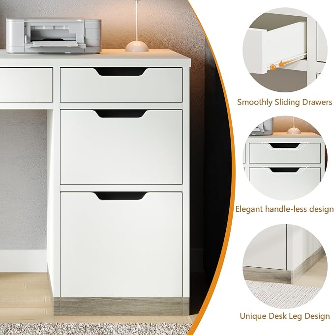 MaverickFurni 52 Inch White Desk with 4 Drawers, Computer Desk with Storage for Small Spaces with Storage File Drawer, Small Home Office Desk with Drawers for Bedroom