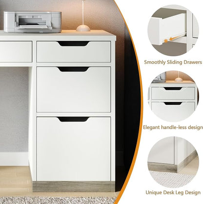 MaverickFurni 52 Inch White Desk with 4 Drawers, Computer Desk with Storage for Small Spaces with Storage File Drawer, Small Home Office Desk with Drawers for Bedroom