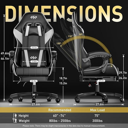 HLDIRECT Gaming Chair, Ergonomic Computer Office Chair with Lumbar Support Footrest Headrest, Adjustable Height & Backrest Angle Video Gamer Chair, PU Leather, 360° Swivel, Adult (Black&White)