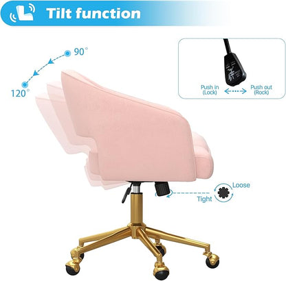 Home Office Chair Swivel Velvet Desk Chair Accent Armchair Upholstered Modern Tufted Chairs with Gold Base for Girls Women Ergonomic Study Seat Computer Task Stools for Living Room(Pink)