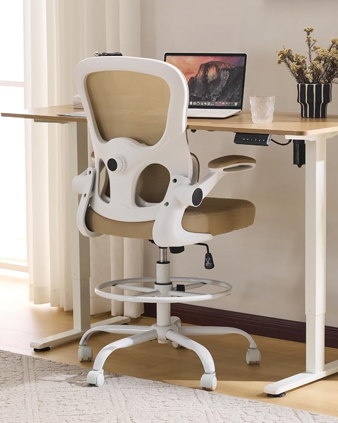 Karl home Ergonomic Drafting Chair, Khaki | Lumbar Support, Flip-Up Armrests, Adjustable Height Footrest Ring, Breathable Mesh, Tall Swivel