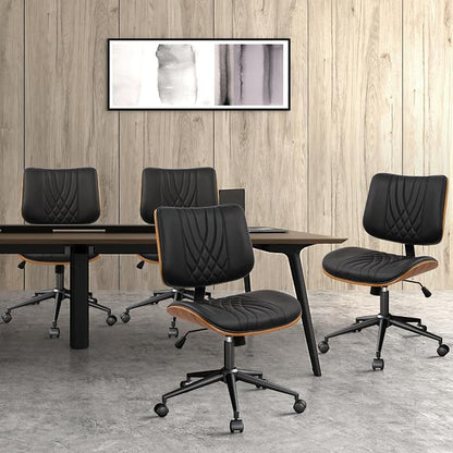 CLATINA Armless Home Office Chair, Desk Chair with Wheels, Adjustable Height Reading Chair, Leather Mid Back & Swivel Computer Chair, Modern Walnut Chairs with Back for Studio Meeting Room(Black)