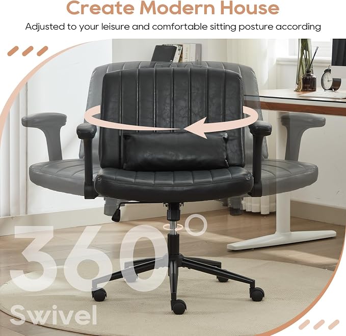 IPKIG Criss Cross Chair with Adjustable Flip-up Arms, Vanity Chair with Wheels, Comfy Desk Chair with Lumbar Pillow Swivel Wide Office Chair for Home Office, Bedroom (PU Leather, Black)