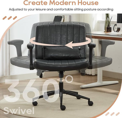 IPKIG Criss Cross Chair with Adjustable Flip-up Arms, Vanity Chair with Wheels, Comfy Desk Chair with Lumbar Pillow Swivel Wide Office Chair for Home Office, Bedroom (PU Leather, Black)