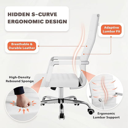 Furmax Ribbed Office Chair High Back PU Leather Executive Conference Chair Adjustable Swivel Chair with Arms (White)