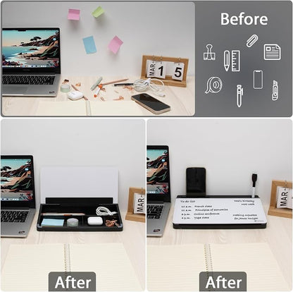 Varhomax Small Glass Desk Whiteboard, Dry Erase Desktop White Board with Storage Caddy to-do List Desk Buddy Memo Notepad for Office, School and Home Office Accessories Supplies (Black & White)